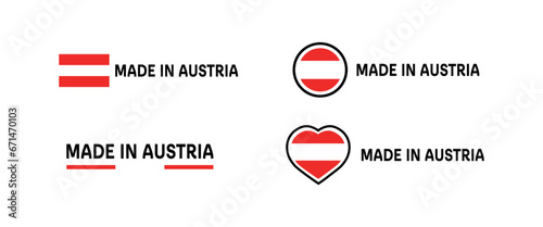 Made in Austria icons. Flat, color, emblems made in Austria, made in Austria flag, heart. Vector icons