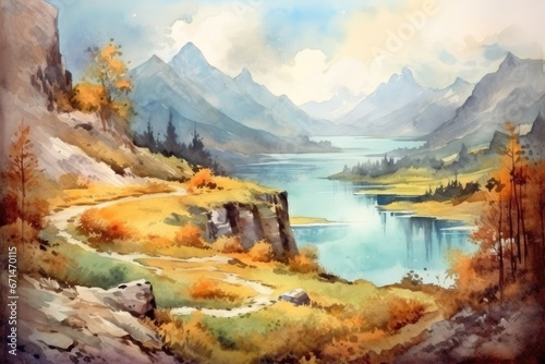 Watercolor Design of a Mountain Landscape with Hiking Trails and Lake View
