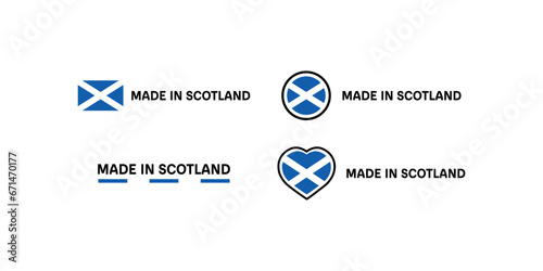Made in Scotland icons. Flat, blue, emblems made in Scotland, made in Scotland flag, heart. Vector icons