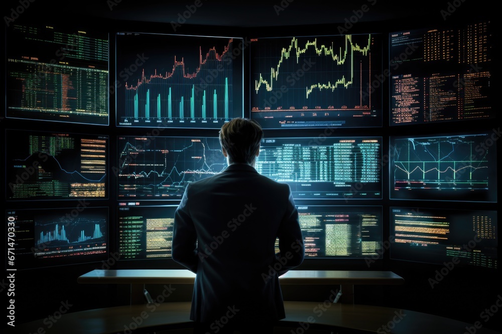 Financial figures analyzing market data on large displays Financial figures analyzing market data on large displays