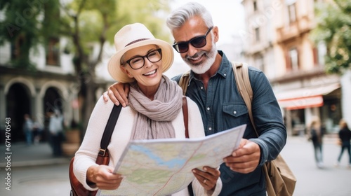 Senior woman and her partner study a map while standing in the city during vacation. Vacations, travel