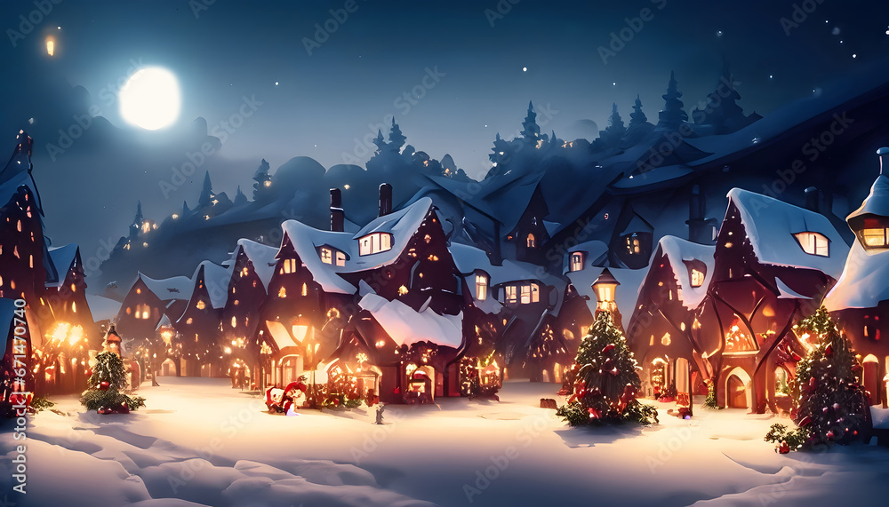 Enchanting Snow-covered Christmas Village with Festive Evening Lights Enchanting Snow-covered Christmas Village with Festive Evening Lights