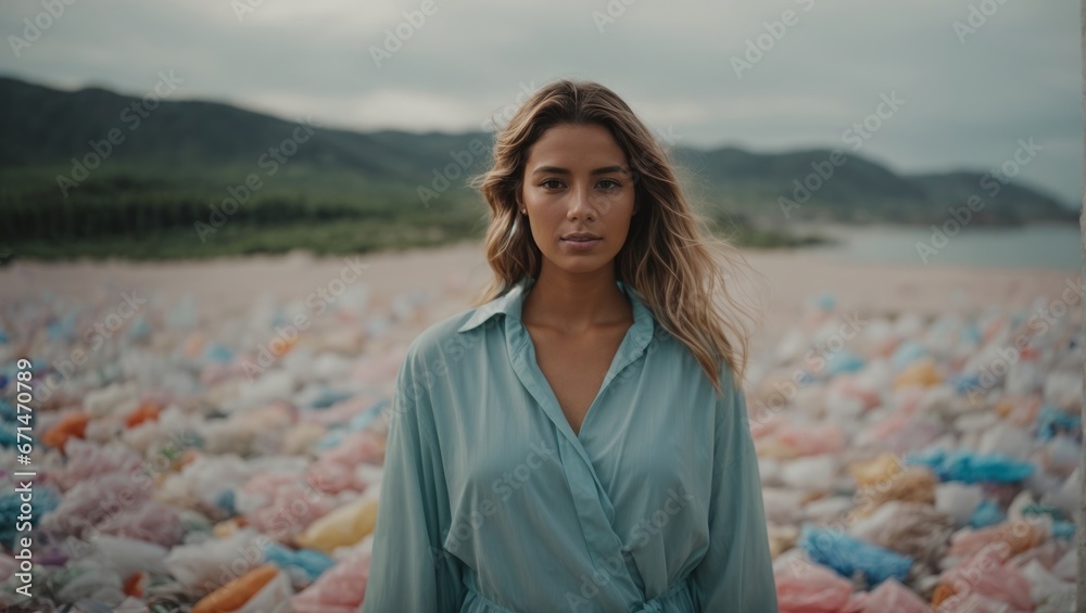 This image portrays a woman standing amidst a vast expanse of plastic waste, emphasizing the critical issue of pollution and environmental degradation. The juxtaposition of the human figure against th
