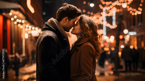A couple shares a beautiful and passionate kiss in the heart of the city, surrounded by city lights, representing love in an urban setting for Valentine's Day.