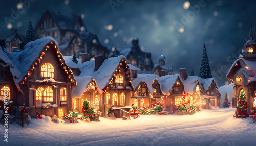 Enchanting Snow-covered Christmas Village with Festive Evening Lights © PhotoStorm_22