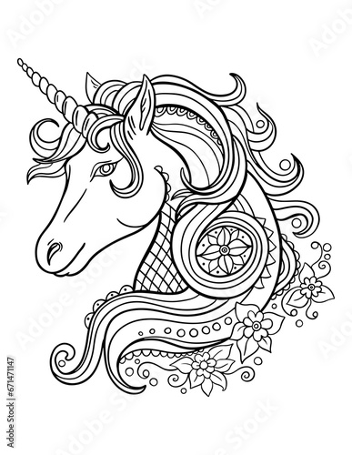 Outline illustration of unicorn for coloring book.
