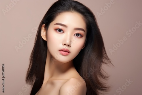 Beautiful young Asian woman with natural makeup and perfect skin. Facial care concept, cosmetology, plastic surgery