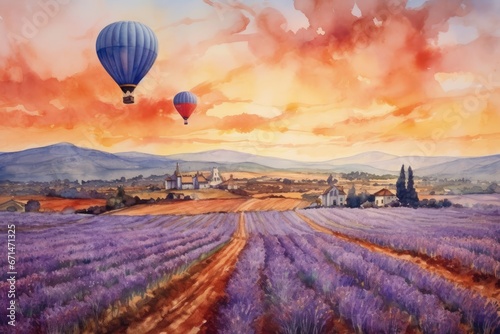Watercolor of a Peaceful Lavender Field Landscape
