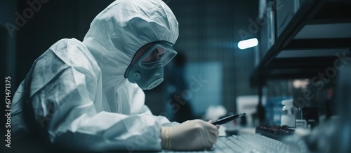 Scientist in protection suit and masks working in research lab using laboratory equipment