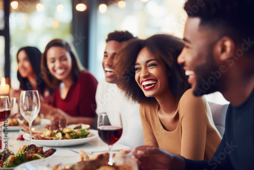 African American family having dinner during thanksgiving day. Happy people celebrating holiday, eating and laughing together photo