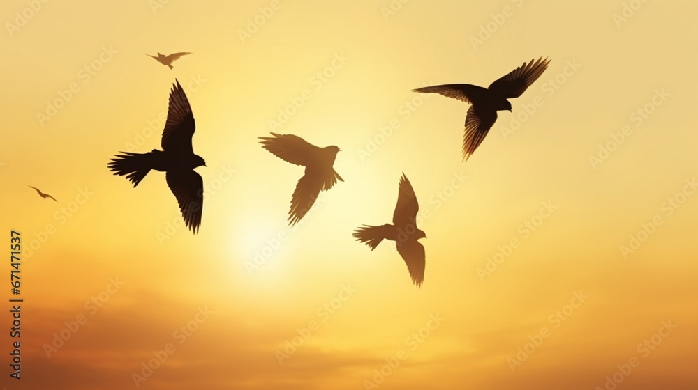 Naklejka premium Flock of Birds Soaring Through a Colorful Sunset Sky generated by AI tool 