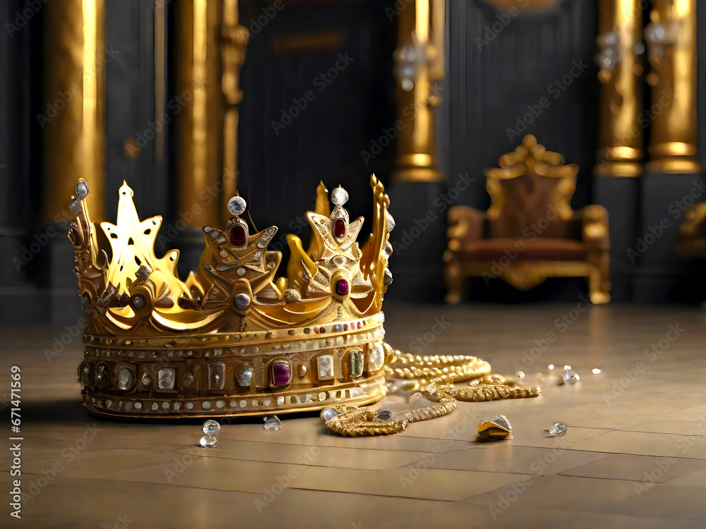 Broken golden crown next to a throne. Fallen empire and monarchy. Government systems. Republic vs. monarchy.  - obrazy, fototapety, plakaty 