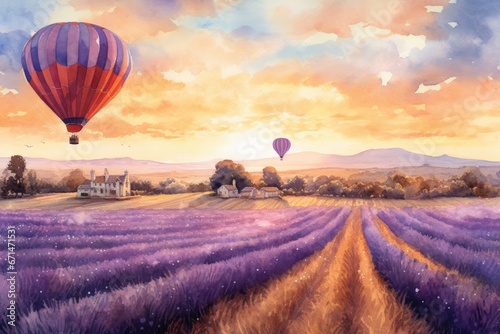 Watercolor of a Lavender Field and a Hot Air Balloon Taking Flight