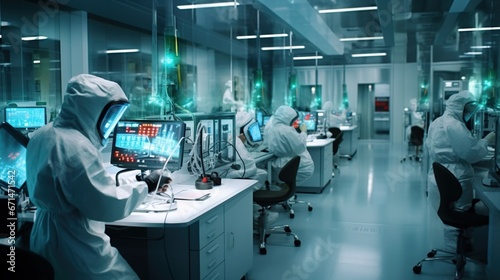 Scientist in protection suit and masks working in research lab using laboratory equipment photo