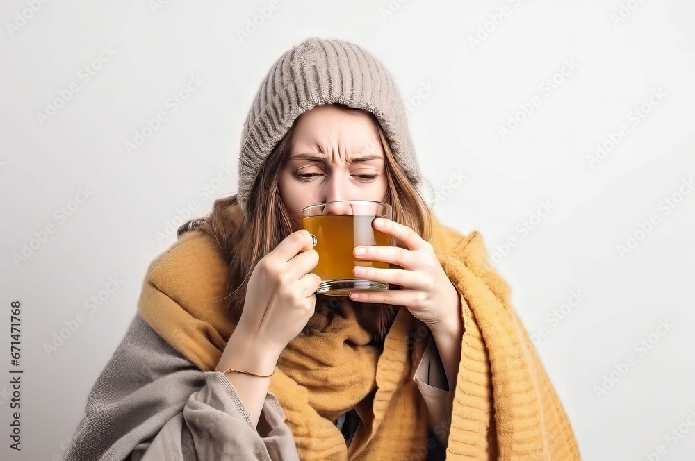 Sick woman running nose with tea drink. Sneeze medicine disease flu. Generate Ai Sick woman running nose with tea drink. Sneeze medicine disease flu. Generate Ai