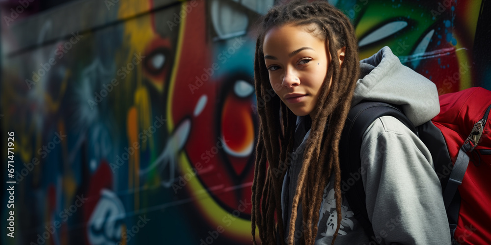 A young woman with long dreadlocks and a nose piercing