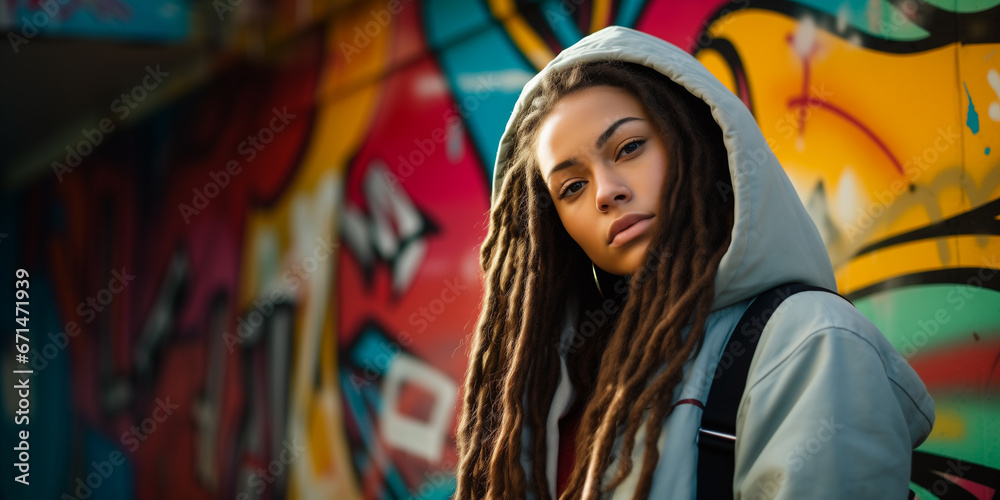 A young woman with long dreadlocks and a nose piercing