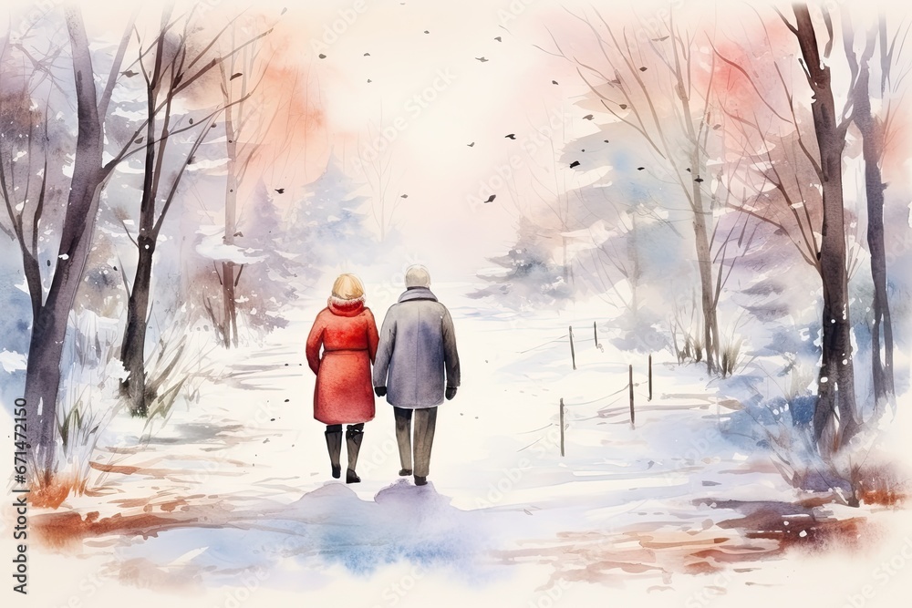 senior couple in winter forest watercolor design