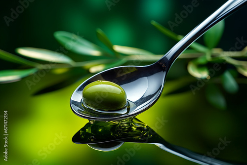 Fresh olive and olive oil floating in spoon on a green background photo