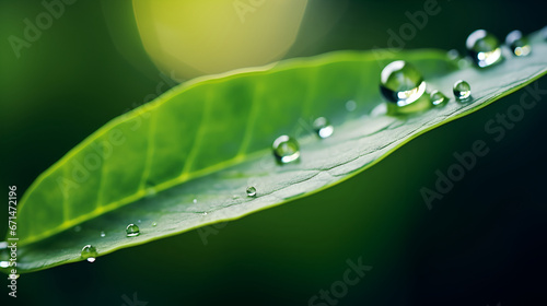 Macro shoot of water drops on green leaf.