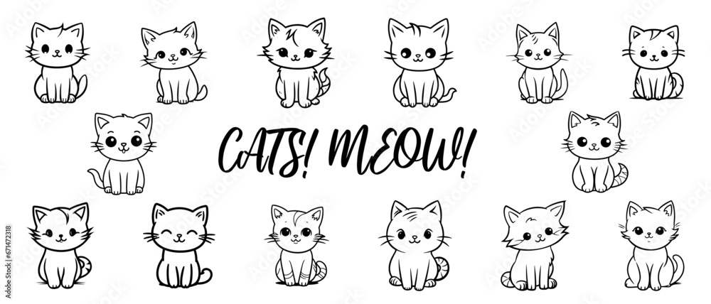 Vector big set cat animal cartoon hand drawn, doodle, line art style Cute cartoon funny character. Pet collection. Flat design Baby background vector illustration isolated on white coloring page