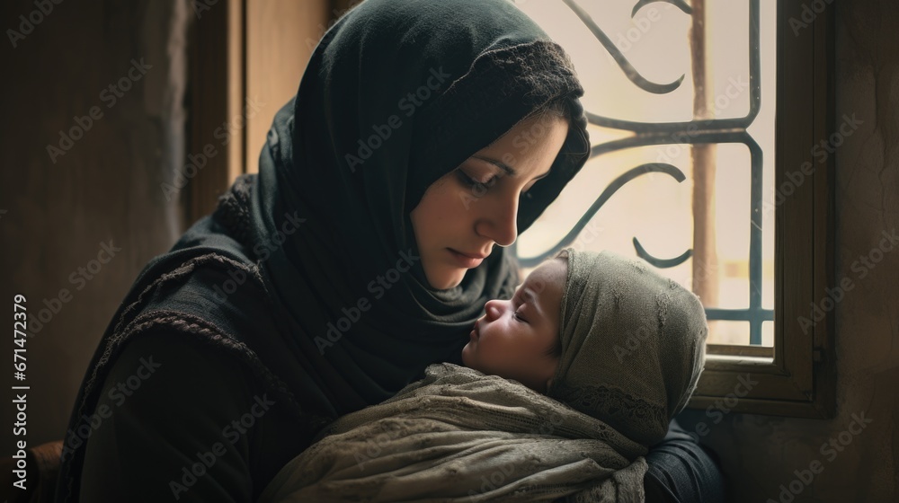 Mother and child on the street of a destroyed city. Refugees. World peace concept, ending war Mother and child on the street of a destroyed city. Refugees. World peace concept, ending war