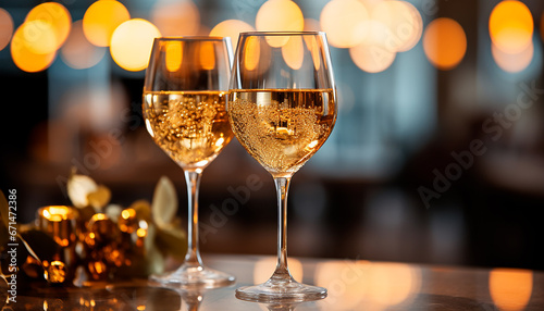 Two glasses of sparkling wine on a background with bokeh.