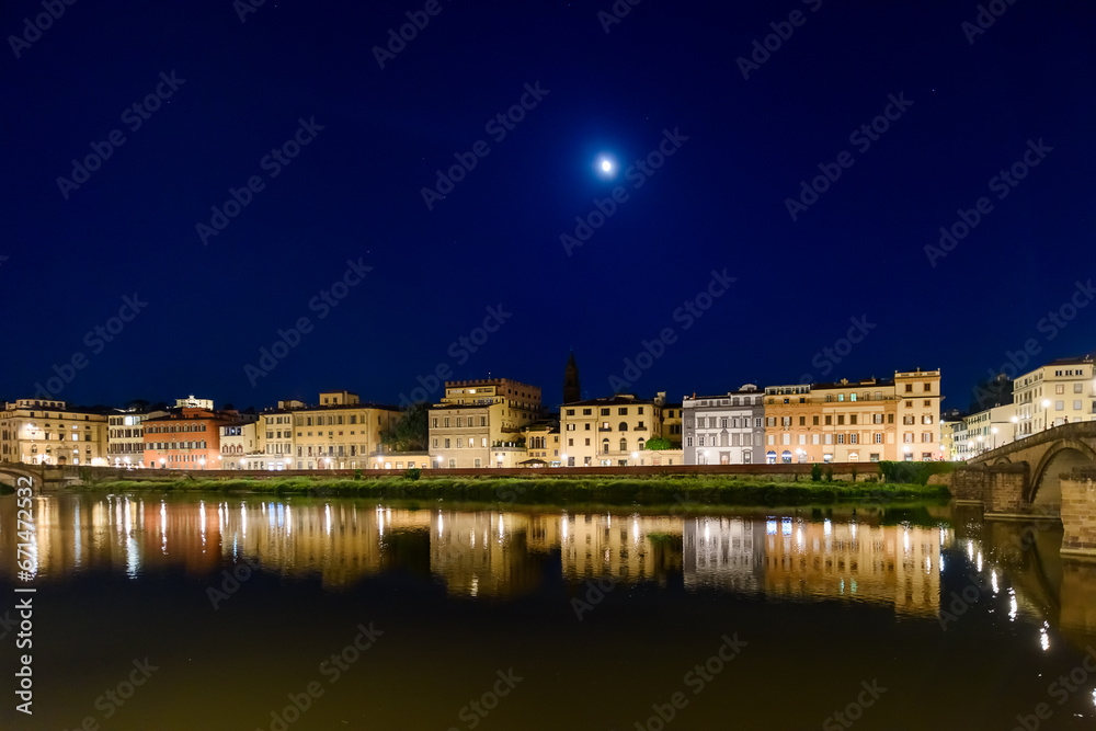 Florence, Italy - June 28, 2023: Florence, Italy on the Arno River at night