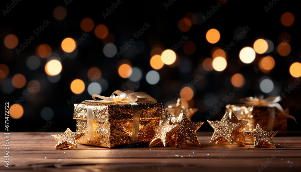 Background with bokeh and golden gifts.