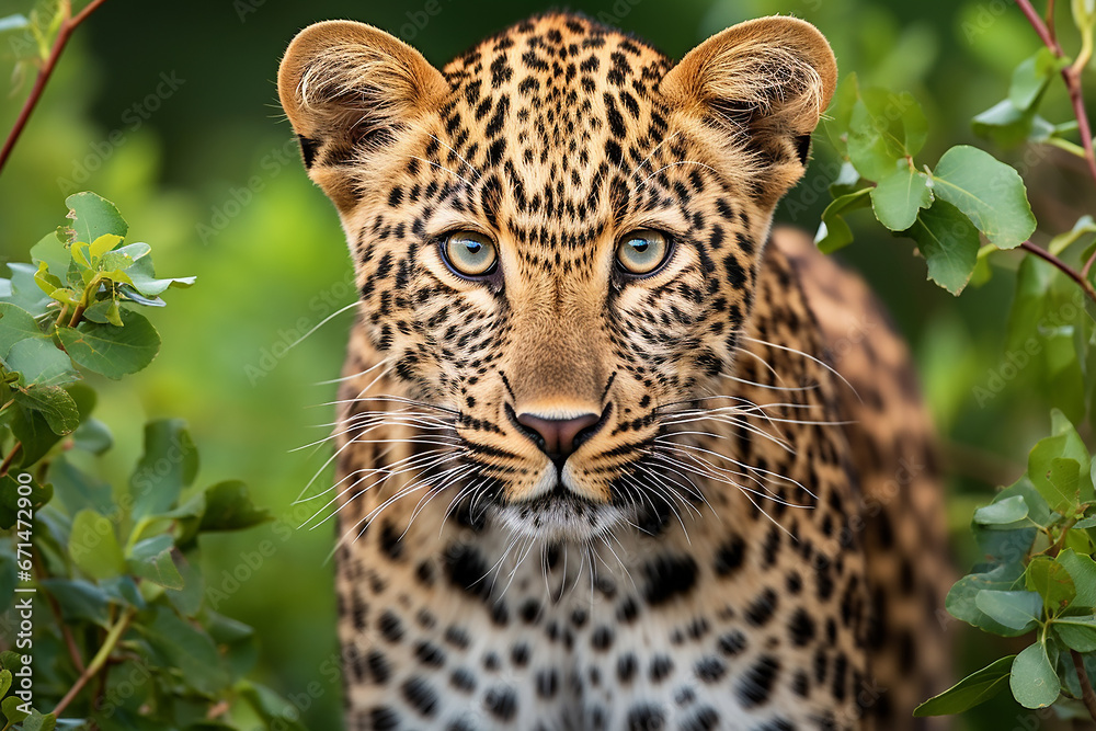 Naklejka premium Close-up portrait of wild beautiful leopard in nature