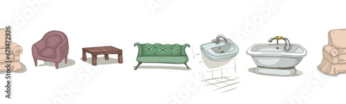 Hand-drawn furniture set sketch cute cartoon sofa chair table bathtub, sink. Individual elements of interior design style