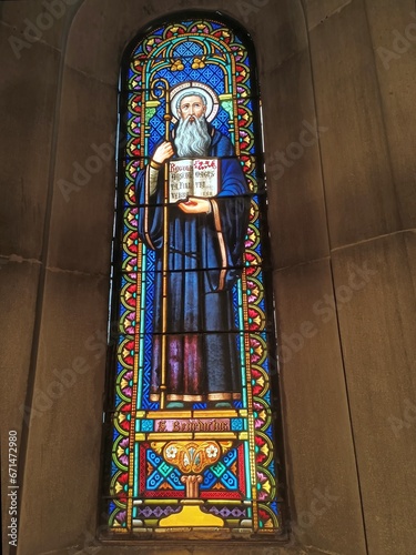 A stained-glass window depicting St. Benedict in the Basilica of Montserrat, Catalonia, Spain