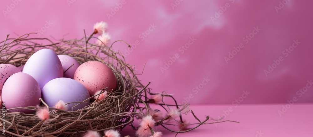 Fototapeta premium Pink background with Easter eggs