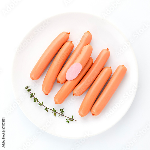 Boiled chicken sausages thyme sprig on white background close up top view isolated on round plate for your design. Healthy food. Protein, vitamins