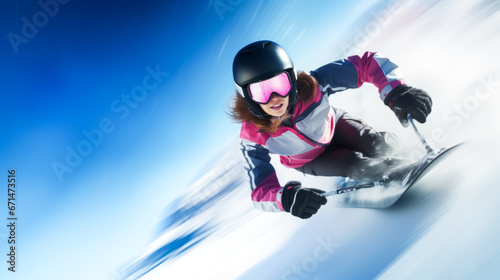 Woman snowboarding at high speed with motion blur.