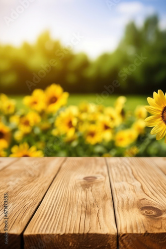 Sunflower on the wooden table. Sunflower field landscape at sunset. floral background. rustic and farmhouse style.