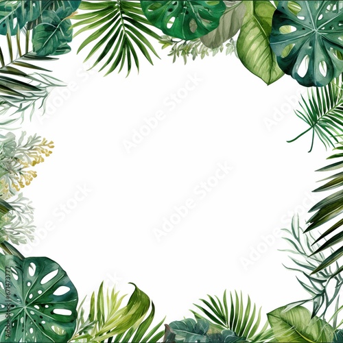 Tropical leaves frame border empty page white background