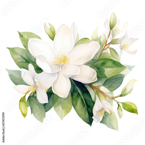 watercolor jasmine flowers illustration on a white background.