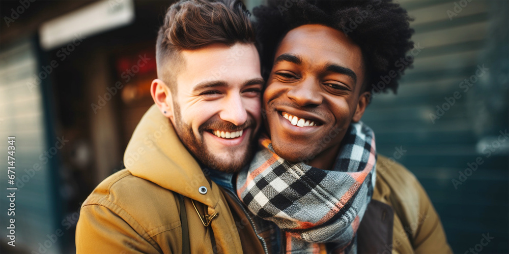 close up of happy young multiracial gay couple
