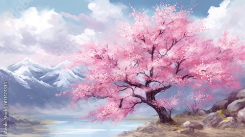 Winter s Elegance A Majestic Scene of Sakura Trees in Bloom on a Snowy Mountain Landscape
