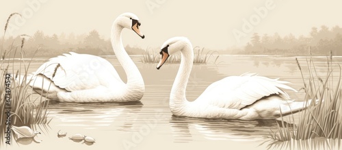 Fototapeta Naklejka Na Ścianę i Meble -  Monochromatic depiction of swans swimming among reeds in a decorative carved style