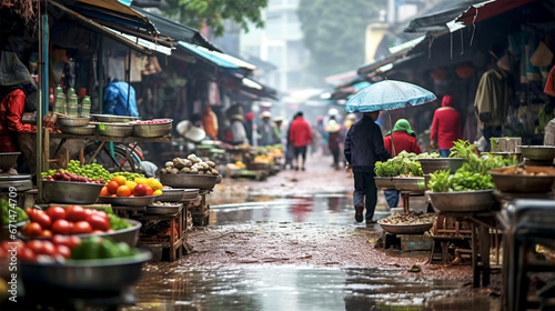outdoor market in Vietnam on a rainy day photo