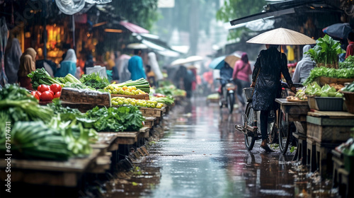 outdoor market in Vietnam on a rainy day photo