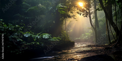 beautiful lush rainforest in twilight