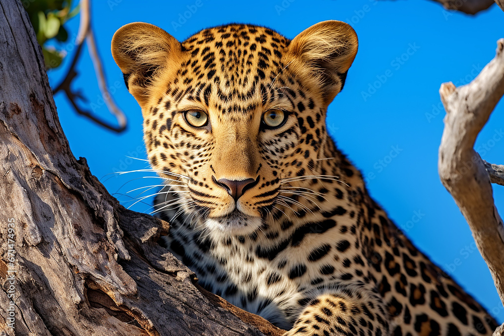 Fototapeta premium Beautiful spotted leopard lying on a tree