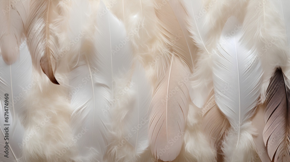 Feathers background with beige colors blend and aesthetic soft style. Fragile and sensitive elements from nature. Neutral pastel design. Beautiful wallpaper with natural texture. Purity and beauty. - obrazy, fototapety, plakaty 