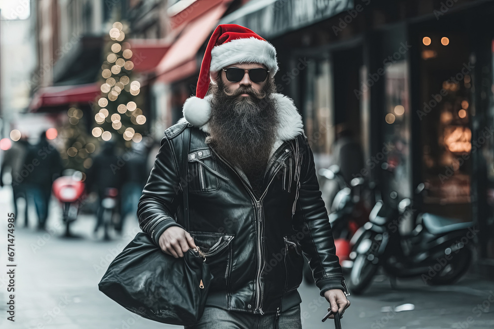 bearded man in Santa hat walking. Generative Ai