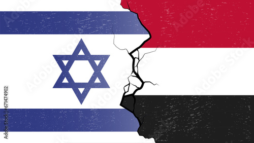 Yemen–Israel proxy conflict with flags and cracked texture
