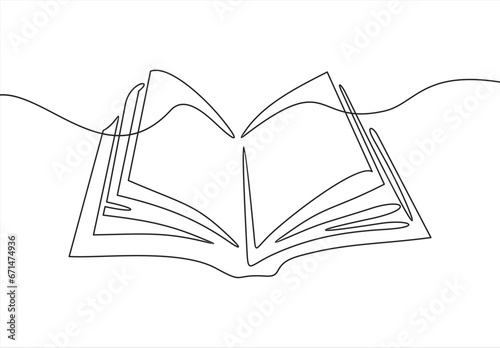 Single one line drawing of open text book for study. Back to school minimalist, education concept. Continuous simple line draw style design graphic vector illustration