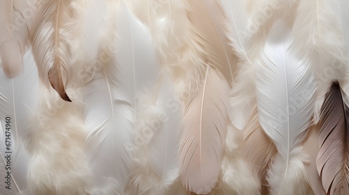 Feathers background with beige colors blend and aesthetic soft style. Fragile and sensitive elements from nature. Neutral pastel design. Beautiful wallpaper with natural texture. Purity and beauty. © TensorSpark
